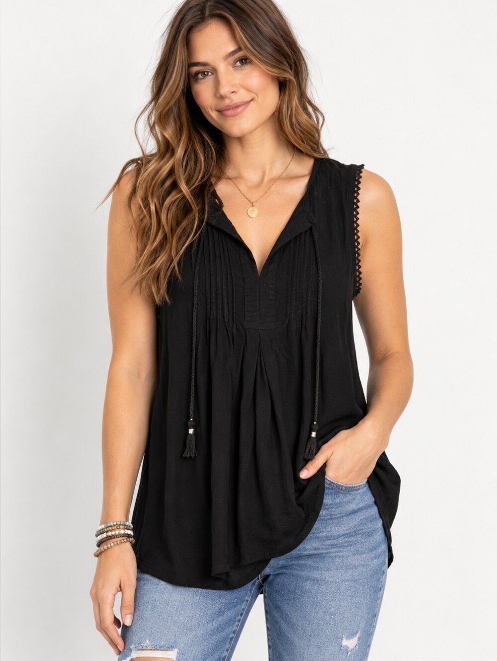 🖤 Knox Rose Black Boho Sleeveless Tunic Top — Size Medium